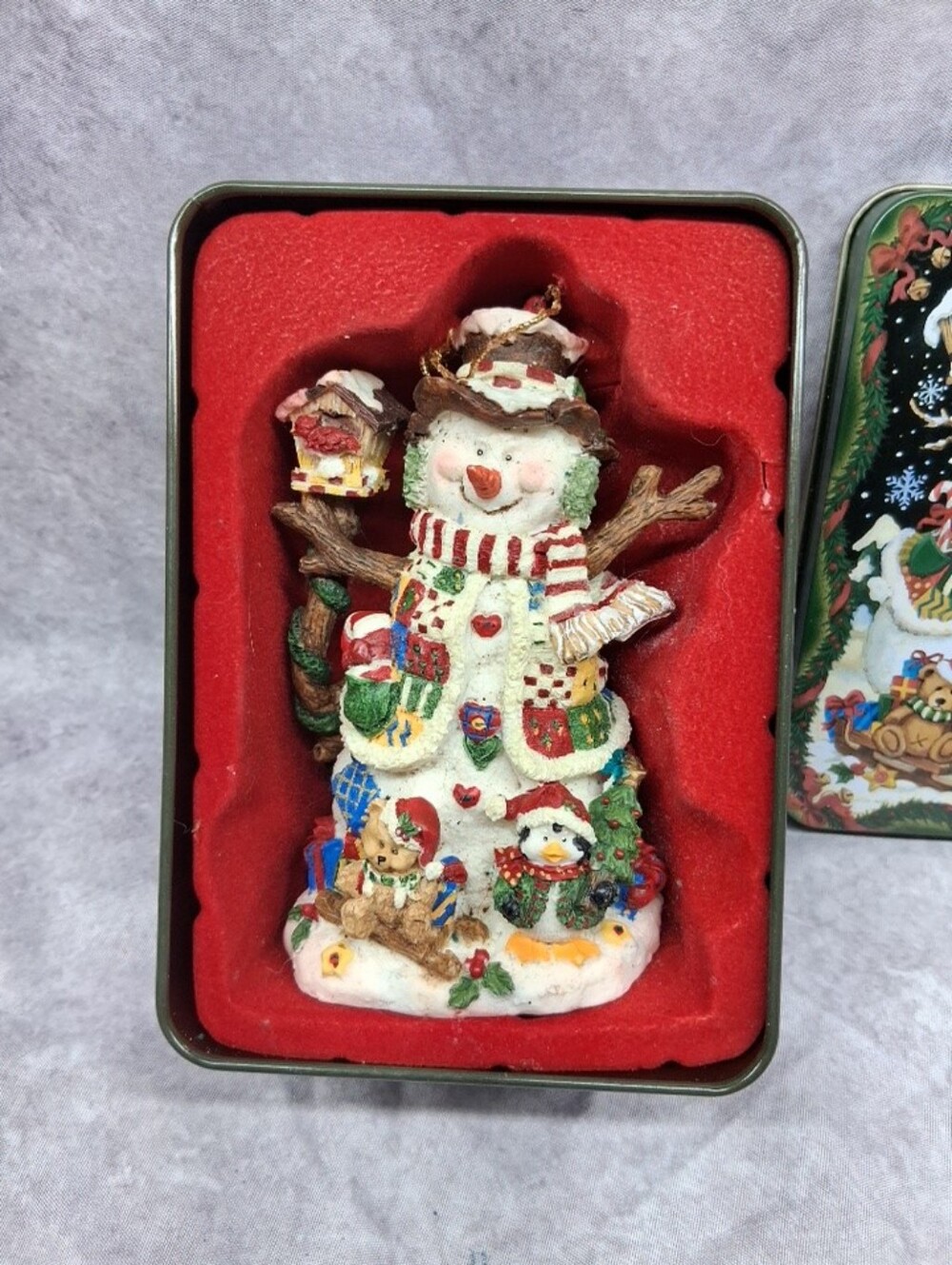 Christmas Snowman Ornament In Decorative Tin Resin Colorful Festive 4.5”